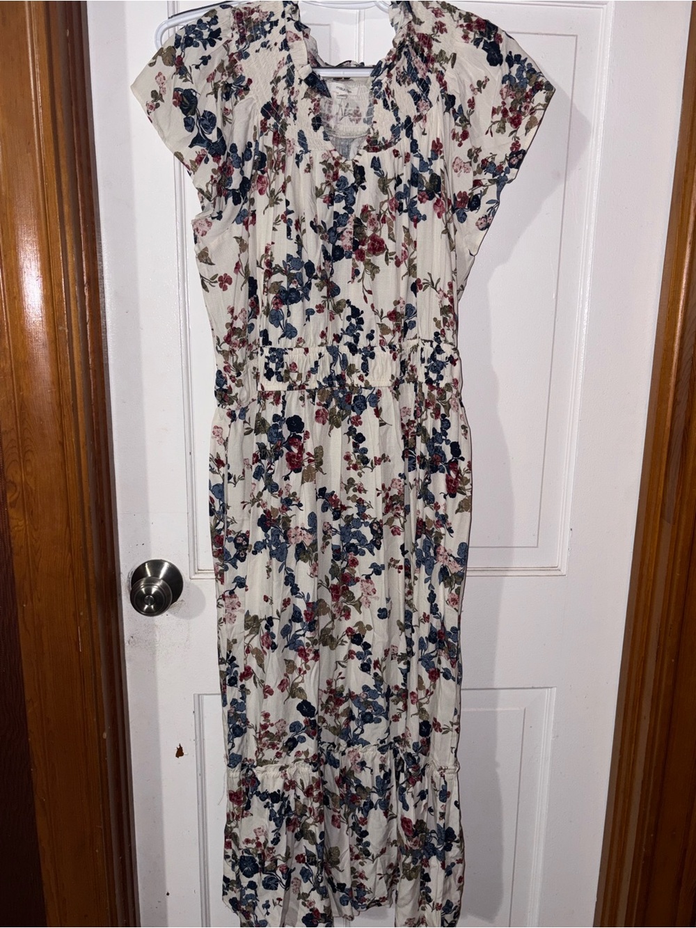Maurices Cream Midi Dress with Blue and Red Floral Print